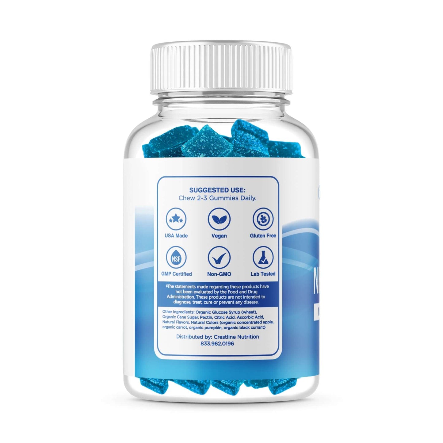 Crestline Neuro Chews bottle filled with blue gummies, designed for healthy blood sugar levels and normal glucose support.
