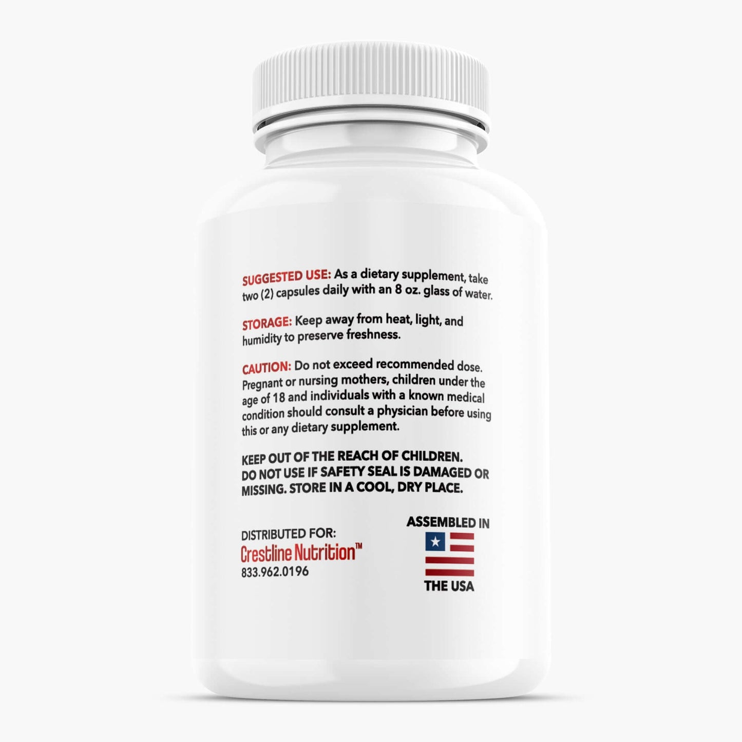 Crestline Glucose Support supplement bottle with dosage instructions and safety warnings for healthy blood sugar levels.