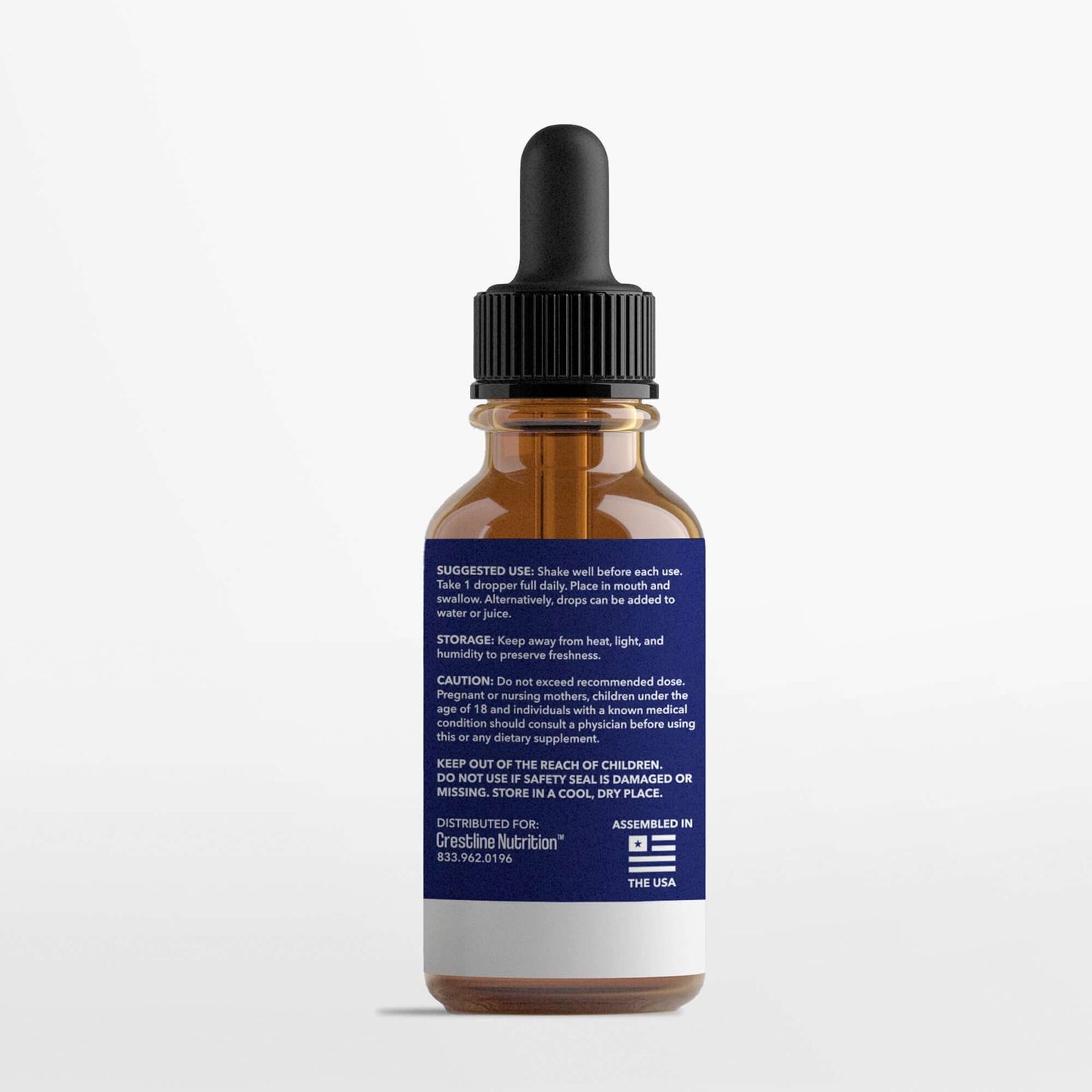 Crestline Methylene Blue dropper bottle with suggested use, storage, and caution instructions, promoting healthy blood sugar levels.